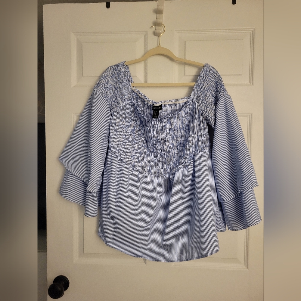 Forever 21 white and blue stripped off ahoulder empire waist blouse 3X